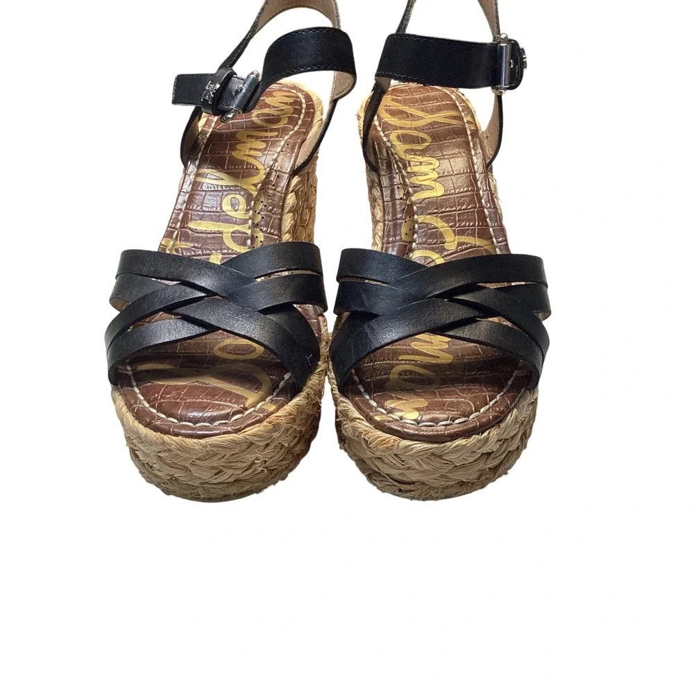 Sam Edelman Womens Sandal Size 9.5 Black Leather Espadrille Wedge Platform